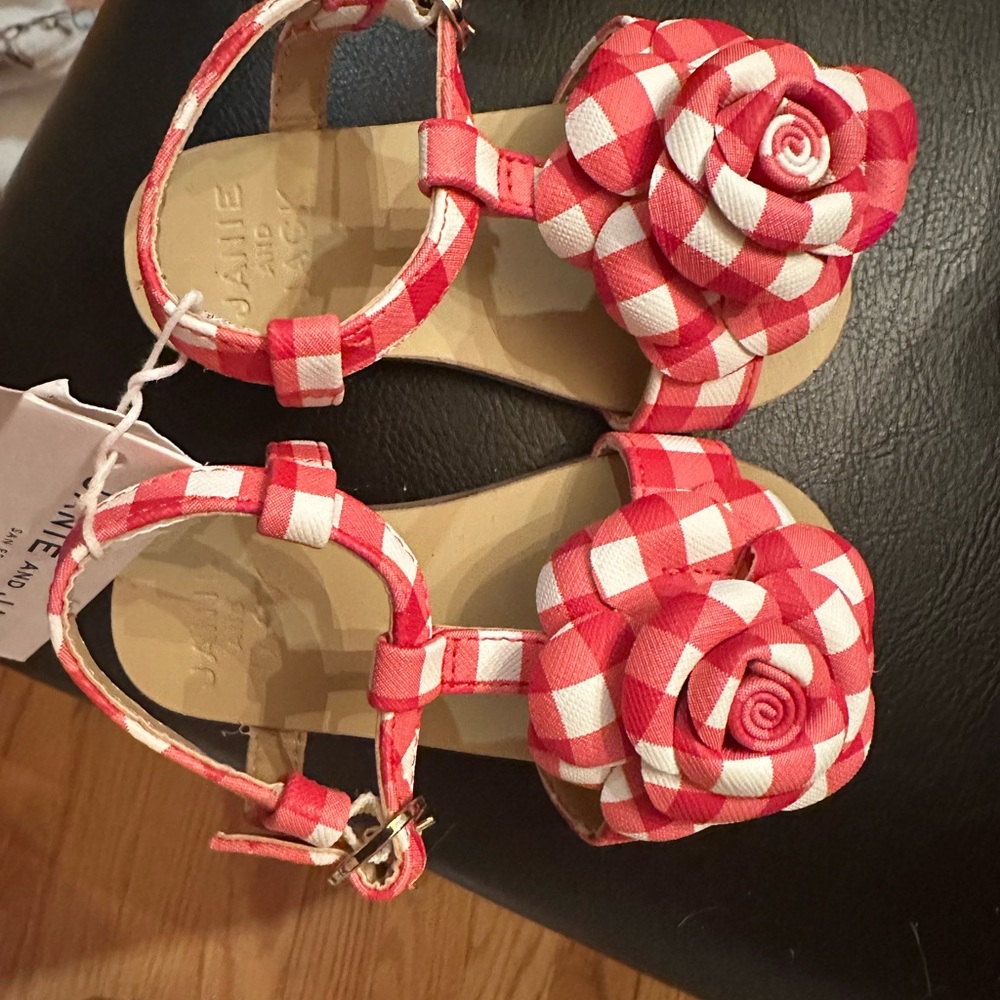 Size 5C Red and White Janie and Jack Kids Sandals with Floral Design